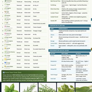 K&ouml;nnte beinhalten: Eine detaillierte Tabelle mit dem Titel "K&uuml;chenkr&auml;uter: Vom Samen bis zur Lagerung" listet 20 K&uuml;chenkr&auml;uter mit Details zu Art, Konservierung und Anbautipps auf. Enth&auml;lt Bilder von Kr&auml;utern wie Basilikum, Rosmarin und Thymian.