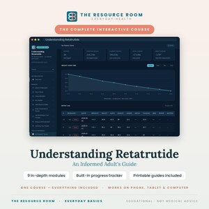 Peut inclure: Un cours numérique intitulé Understanding Retatrutide: An Informed Adult's Guide par The Resource Room. L'interface affiche un suivi de progression avec un graphique de perte de poids, des journaux et des modules. Inclut 9 modules et un suivi.