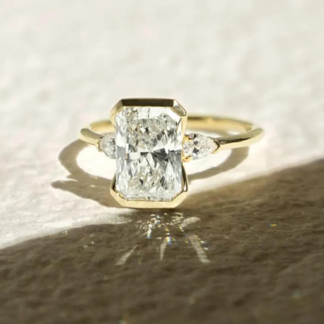 Radiant Cut Lab Grown Diamond Ring | 14k Yellow Gold, Pear Side Stones ...