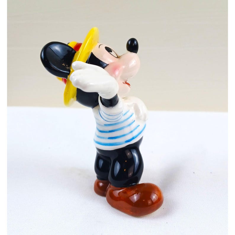 Vintage Mickey Mouse Figurine Disney Yellow Hat Waving Striped Shirt image 4