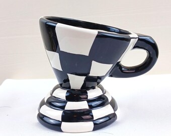 Lynda Corneille Hand-Painted Ceramic Mug: Black White Checkered, Pink Abstract Interior
