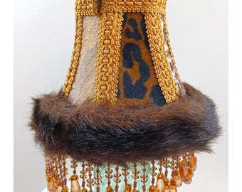 Vintage Boho Lamp Shade Leopard Animal Print Fur Trim Beaded Fringe Victorian