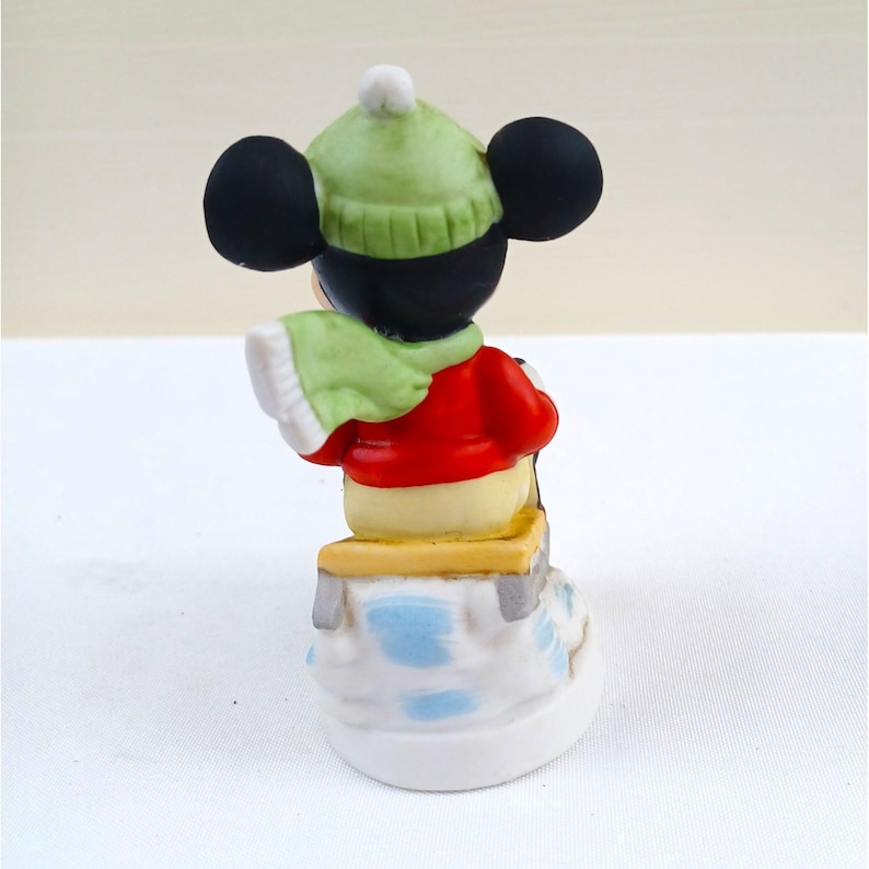 Vintage Mickey Mouse Figurine Sleding Winter Scene Green Hat Figure image 3