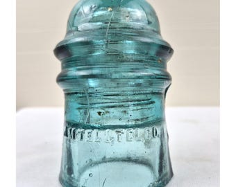 Antique Aqua Blue Glass Telegraph Insulator By AMTEL & TEL Co 3 Inches Tall