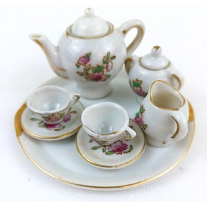 Mini service à thé vintage Japon rose floral bordure dorée théière tasses plateau maison de poupée