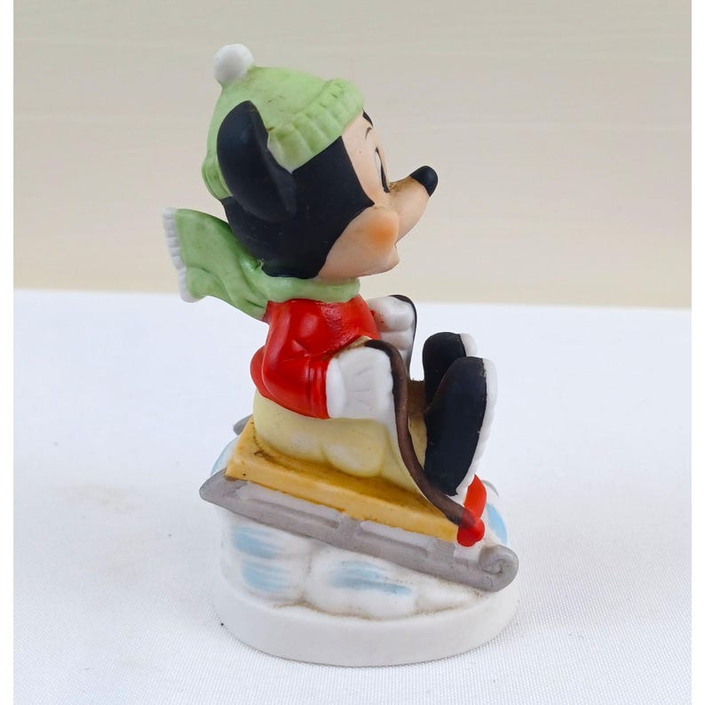 Vintage Mickey Mouse Figurine Sleding Winter Scene Green Hat Figure image 4
