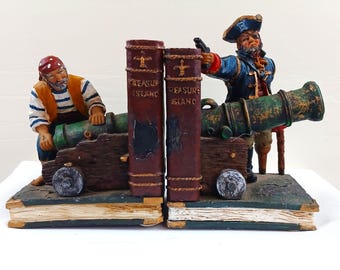 Pirate-Themed "Treasure Island" Bookends With Cannon Detail 6" Tall Vintage