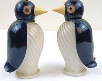 Vintage Penguin Salt Pepper Shakers Glass Body Plastic Head Wings MCM Pair