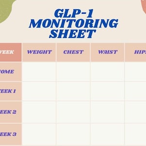 以下が含まれることがあります： クリーム色の背景とカラフルな抽象的な形をしたGLP-1モニタリングシート。シートには、体重、胸囲、ウエスト、ヒップの列があり、週ごとに行があります。「GLP-1 MONITORING SHEET」というタイトルは青色です。
