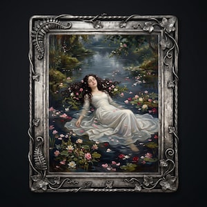 May include: A framed painting depicts a woman in a white dress floating in a pond filled with lily pads and flowers. The painting has a silver ornate frame with leaf and vine details. The woman has long dark hair and is surrounded by pink and white flowers.