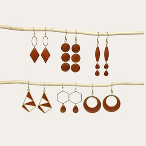 May include: Six pairs of dangle earrings hanging from two horizontal wooden branches. The earrings feature gold-toned metal frames and glossy, burnt-orange resin inserts in various geometric shapes including circles, diamonds, and hexagons.