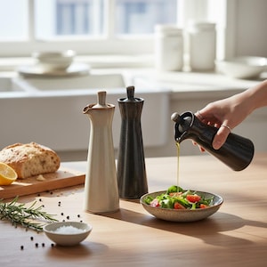 May include: Three ceramic oil dispensers in cream, black, and dark gray are displayed on a wooden table. One dispenser is pouring oil onto a salad in a speckled bowl. A loaf of bread, lemon, and salt are also on the table.