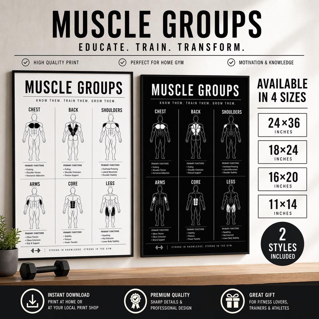 Muscle Groups Anatomy Chart | Black White Fitness Posters (digital ...