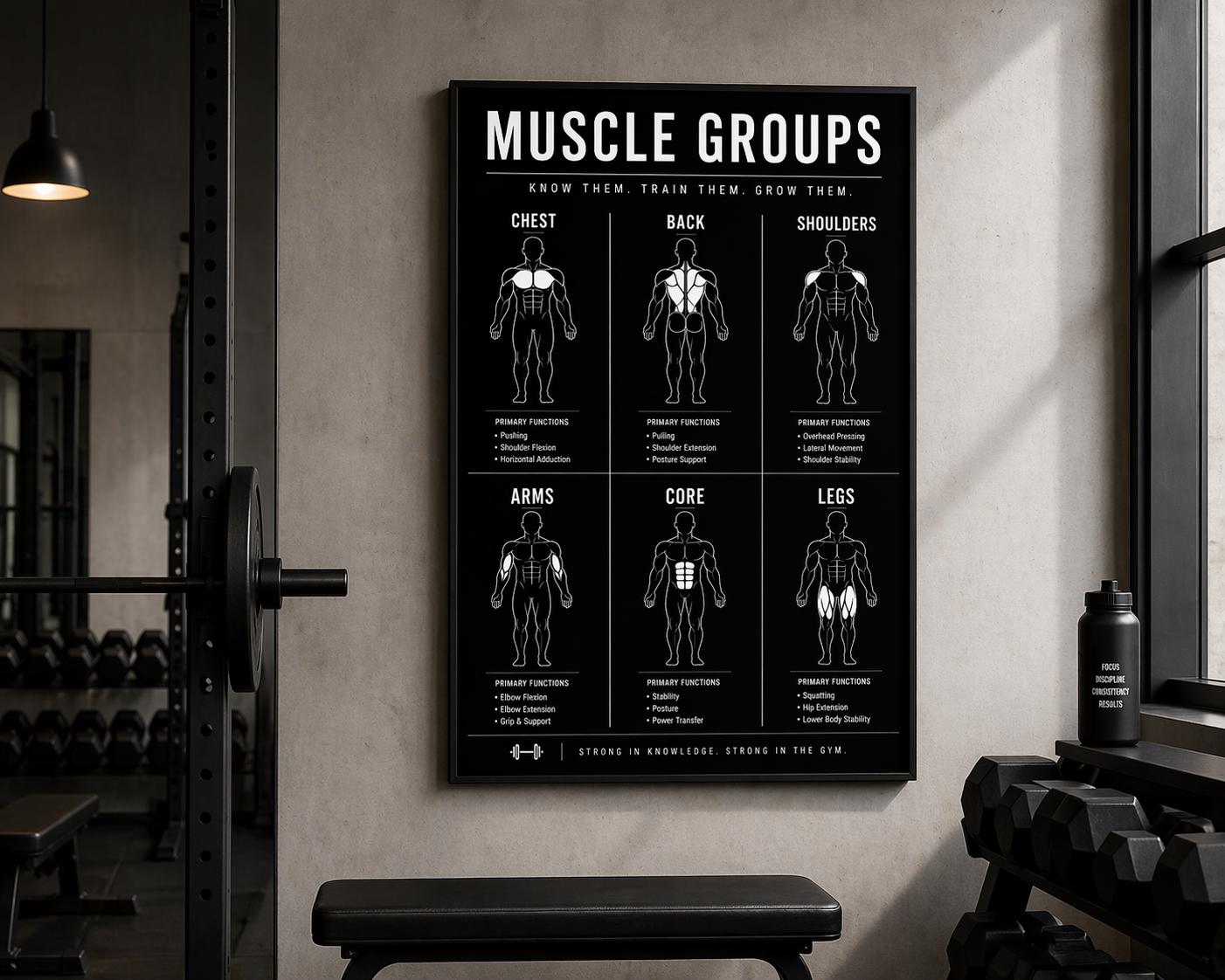 Muscle Groups Anatomy Chart | Black White Fitness Posters (digital ...