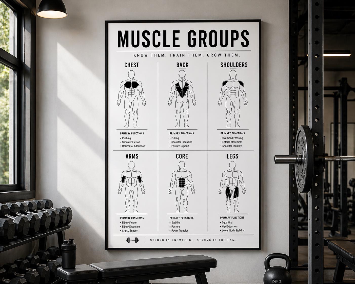 Muscle Groups Anatomy Chart | Black White Fitness Posters (digital ...