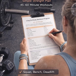 Puede incluir: Una persona sostiene un programa de fitness titulado "3 Day Full Body Workout Program". El plan es un programa de fuerza simple con entrenamientos de 45-60 minutos. El programa incluye ejercicios como sentadillas, press de banca y peso muerto, y es apto para principiantes.