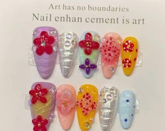 3D Blommiga Press On Naglar, Glittriga Återanvändbara Retro Sommarmandelnaglar, Fräscha Färgglada Gelnaglar/Födelsedagsnaglar/French Tips Nagellack (Förpackning med 10)