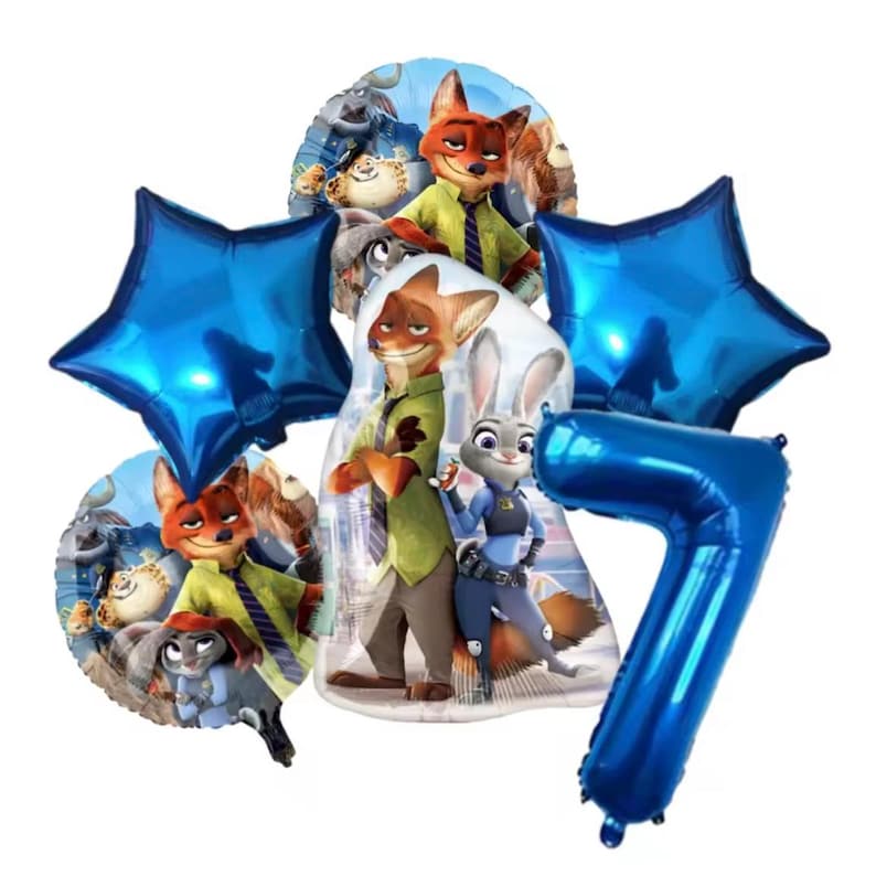 Pu&ograve; includere: Un set di palloncini a tema Zootropolis. Il set include palloncini blu a forma di stella, palloncini con i personaggi Nick Wilde e Judy Hopps e un palloncino blu con il numero 7. Ideale per una festa di compleanno.