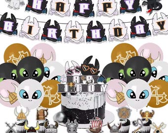 36pcs How to Train Dragon Birthday Party Decor Set - diy Foil Balloons, banner, cake toppers  | Toothless Fan Party Favors