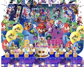 Super Mario Birthday Party Decorations Set, Mario Galaxy Banner, Cake Cupcake Toppers, Latex Balloons, Theme Tableware Supplies Kit