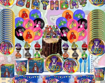 Gorilla Tag Geburtstags-Partyzubehör-Set | Videospieler Kids Banner, Cake Topper, Ballons, Wirbel, Hintergrund, Geschirrpaket