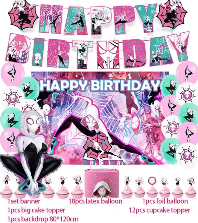 May include: A Spider-Gwen themed birthday party decoration set. Includes a banner, balloons, cake topper, cupcake toppers, and a backdrop. The color scheme is pink, turquoise, and white, with images of Spider-Gwen and spiderwebs.