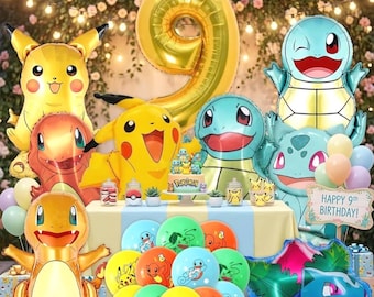 Ensemble de 21 ballons d'anniversaire à thème Pik cho - Ballons Poké ball Squirtlee Bulbasar Charmande | Cadeaux d'anniversaire anime