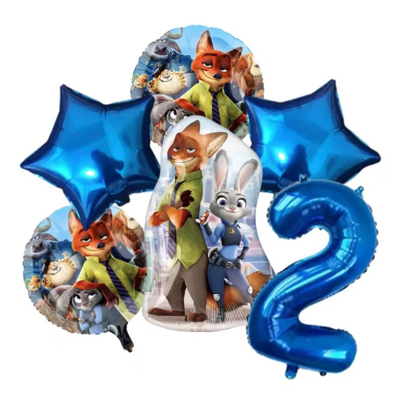 Pu&ograve; includere: Una collezione di palloncini a tema Zootropolis. Il set include palloncini blu a forma di stella, palloncini con i personaggi Nick Wilde e Judy Hopps e un grande palloncino blu con il numero 2. I palloncini sono pensati per una festa di compleanno.