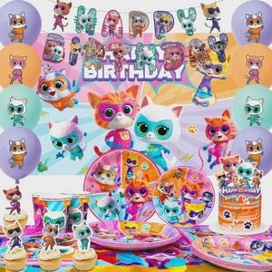 May include: A festive birthday party scene with cat-themed decorations. Includes balloons, plates, cups, and a cake, all featuring cartoon cat characters. The banner reads "HAPPY BIRTHDAY".