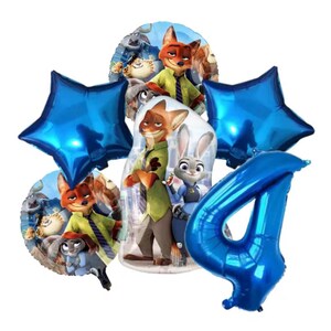 Pu&ograve; includere: Una collezione di palloncini a tema Zootropolis. Il set include palloncini blu a forma di stella, palloncini con i personaggi Nick Wilde e Judy Hopps e un grande palloncino blu con il numero 4. I palloncini sono progettati per una festa di compleanno.