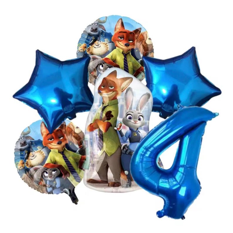 Pu&ograve; includere: Una collezione di palloncini a tema Zootropolis. Il set include palloncini blu a forma di stella, palloncini con i personaggi Nick Wilde e Judy Hopps e un grande palloncino blu con il numero 4. I palloncini sono progettati per una festa di compleanno.