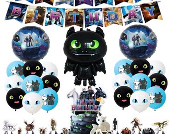 30pcs How to Train Dragon Birthday Party Decor Set - diy Foil Balloons, banner, cake toppers  | Toothless Stickers Fan Party Favors