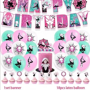 May include: A birthday party set with a banner saying "HAPPY BIRTHDAY", balloons, a cake, and cupcakes. The decorations are pink, white, and teal, with a spider-web design. The set includes a cake topper and cupcake toppers.
