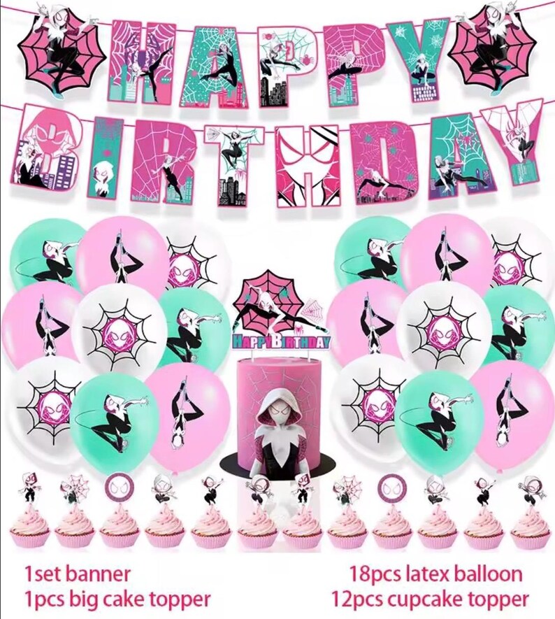 May include: A birthday party set with a banner saying "HAPPY BIRTHDAY", balloons, a cake, and cupcakes. The decorations are pink, white, and teal, with a spider-web design. The set includes a cake topper and cupcake toppers.