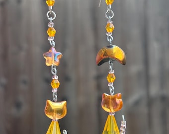 Boucles d'oreilles orange chat lune | Perles chatoyantes guirlandes, crochets en argent 925