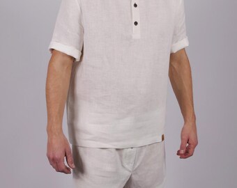 Leinen Schlafanzug Herren kurz, Sommer Pyjama Set 100% Leinen, Kurze Schlafhose & Hemd mit Stehkragen, Nachhaltige Nachtwäsche Atmungsaktiv