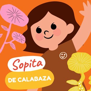 May include: A graphic illustration on an orange background featuring a person with brown hair wearing a brown shirt with a smiley face icon. The text reads Sopita DE CALABAZA. Pink flowers are on the left and yellow mushrooms are on the right.