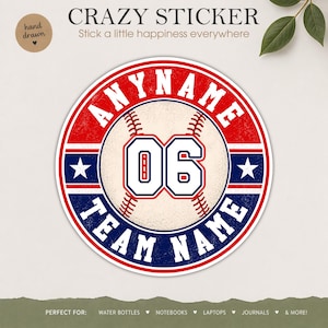 May include: Circular baseball sticker with a red and blue border. The sticker features a baseball design with the number 06 in the centre. The text "ANYNAME" and "TEAM NAME" are in a circular pattern around the baseball.