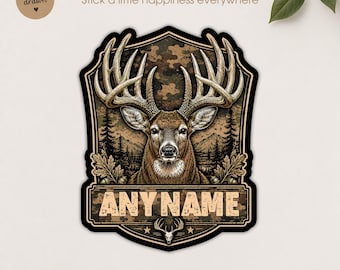 Custom Camo Deer Hunting Name Sticker, Personalized Vintage Deer Buck Hunter Name Die Cut Vinyl Sticker With Decal for Laptop Water Bottle.
