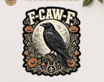 Ultra-detailed gothic raven vinyl sticker design featuring a majestic black raven perched proudly in profile view