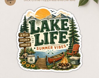 Lake Life Die Cut Sticker, Summer Vibes Decal, Canoe and Pontoon Custom Shape Sticker, Nature Lover Gift, Durable Stationary for Laptop