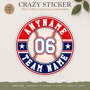 May include: Round baseball sticker with a red, white, and blue design. The sticker features a baseball with the number "06" in the center, surrounded by the words "ANYNAME" and "TEAM NAME". The sticker is designed for water bottles, notebooks, and laptops.