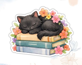 Cat Sleeping on Books Sticker, Spring Flowers, Waterproof Vinyl, Book Lovers Gifts, Kindle Stickers, Reading Stickers, Cat lovers - Vinyl