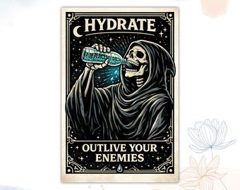Hydrate Outlive Your Enemies Sticker, Edgy Gothic Skeleton Dark Humor Meme - Vinyl Die Cut Waterproof Stickers for Water Bottle, Laptop