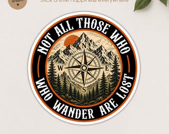 All Who Wander Are Lost Sticker, Vintage Compass Camping Hiking Adventure Lover Waterproof Sticker for Water Bottle Laptop Gift