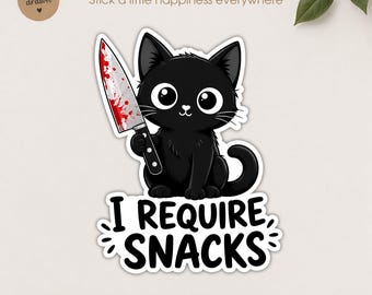 I Require Snacks Cat Sticker, Funny Black Cat Decal, Cute Gothic Kitty Sticker, Dark Humor Vinyl Sticker, Cat