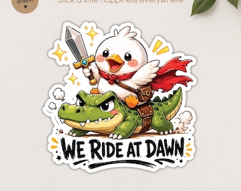 We Ride At Dawn Patch, Funny Silly Duck Cute Medieval Animal Quirky Meme Embroidered Patches Applique for Clot, Waterproof die-cut vinyl