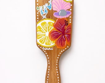 Custom Bamboo Hairbrush with Hand-Painted Hibiscus Design and Personalized Name
