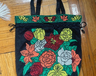 Vintage Beaded Floral Bag Rose Purse Yellow Black Tulip Cinch
