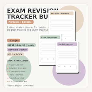 May include: Digital exam revision tracker, printable and editable. Features a revision timetable, exam countdown, and study progress tracker. Suitable for GCSE and A-Level students. Includes a subject tracker, topic checklist, study hours log, and confidence tracker. PDF and DOCX formats.